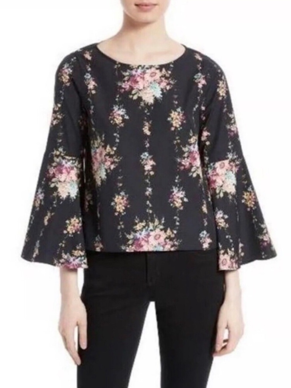 Alice + Olivia Shirley Black Floral Bell Sleeve Shirley Blouse - Large